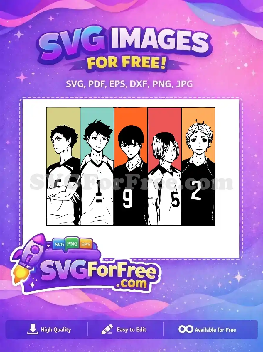 Dynamic free design of five anime volleyball players in numbered jerseys against colorful panels, ready for download.