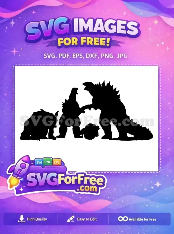 Dynamic free design featuring iconic kaiju silhouettes, including a roaring Godzilla, perfect for fans of giant monsters. This free SVG is ready for download!