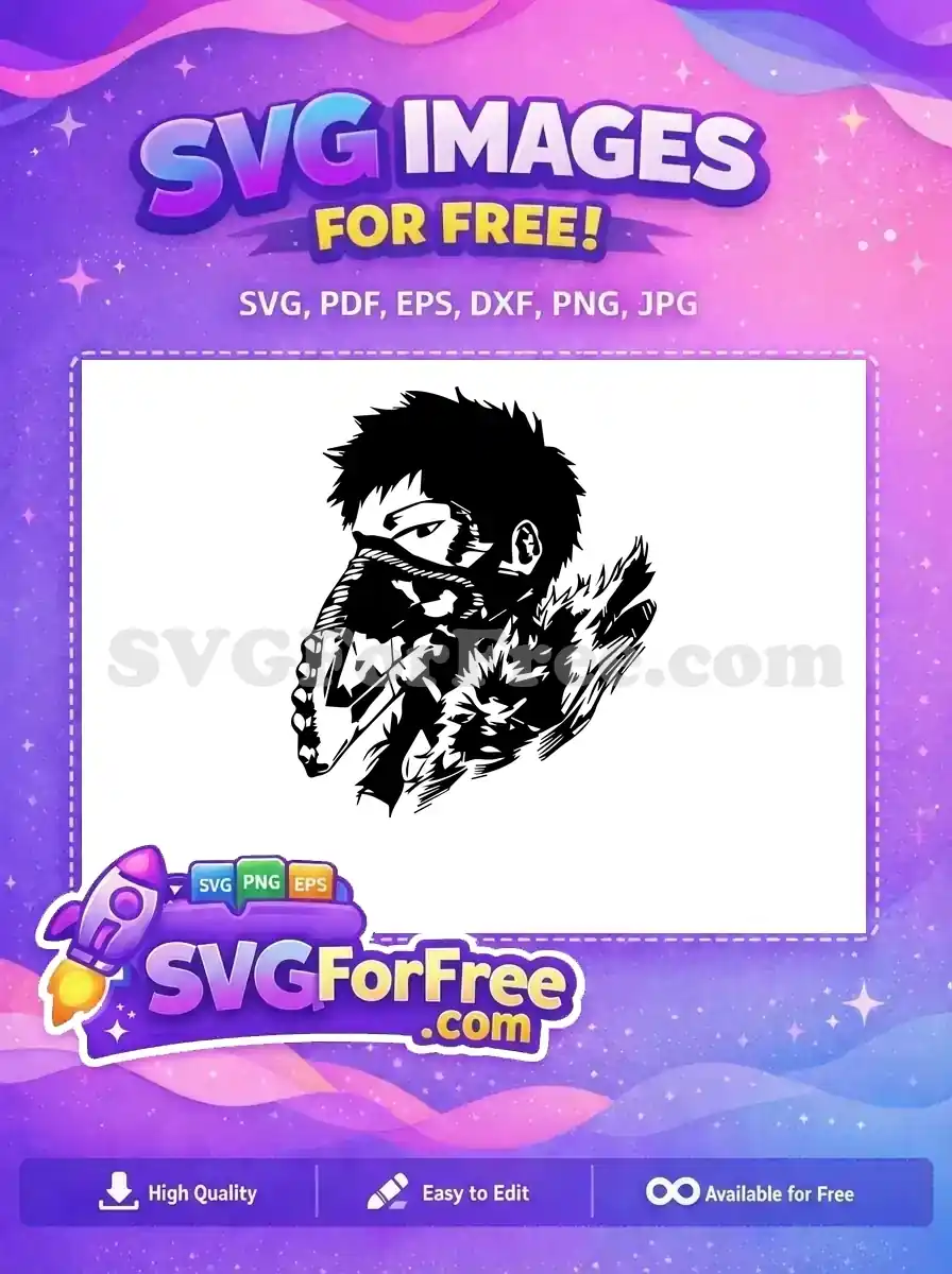 A powerful free design SVG of a mysterious character with spiky hair, masked face, and a fur collar. Ideal for bold projects.