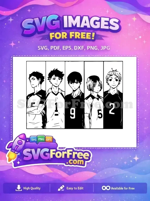 Five distinct anime male characters, likely from a sports team, presented in a striking free black and white SVG design, showcasing their unique expressions and jersey numbers 5, 1, 9, 5, 2. A versatile free vector.