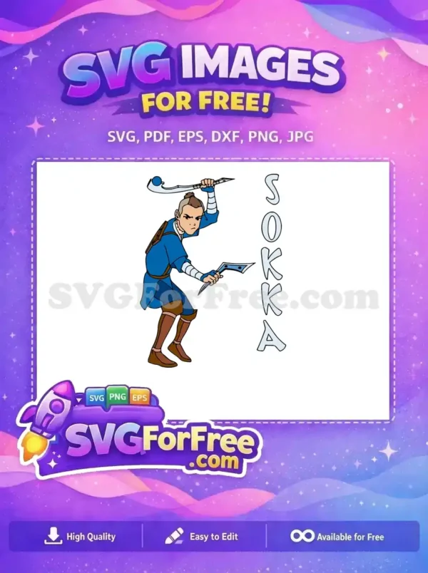 Dynamic free Sokka SVG, wielding his boomerang and sword, with his name vertically beside him. A must-have free design.