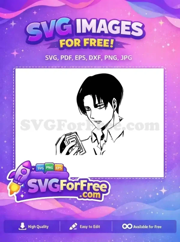 A free anime character SVG featuring a serious male figure in a shirt, holding a unique device. Ideal free design.
