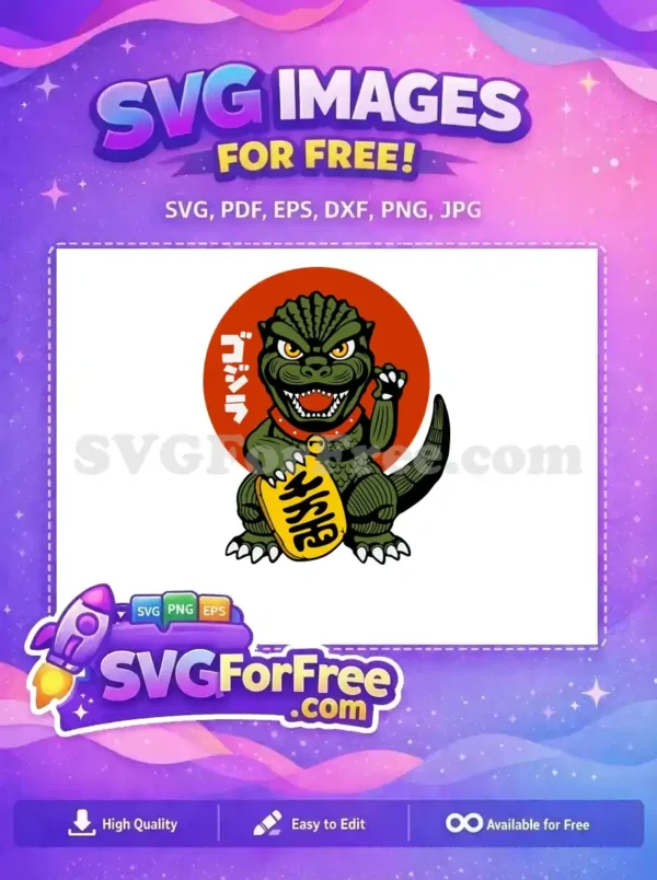 A free unique Godzilla Maneki-Neko design, green with yellow eyes, holding a gold coin, beckoning. This free SVG is a fun monster icon.