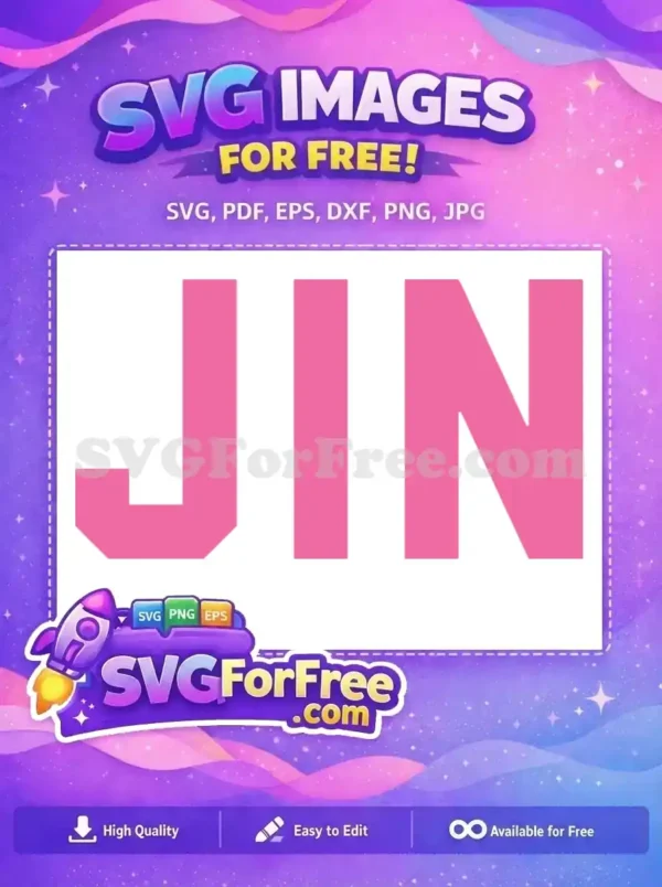 A bold, pink 'JIN' name text design, a completely free SVG graphic for crafts, apparel, and digital art projects.