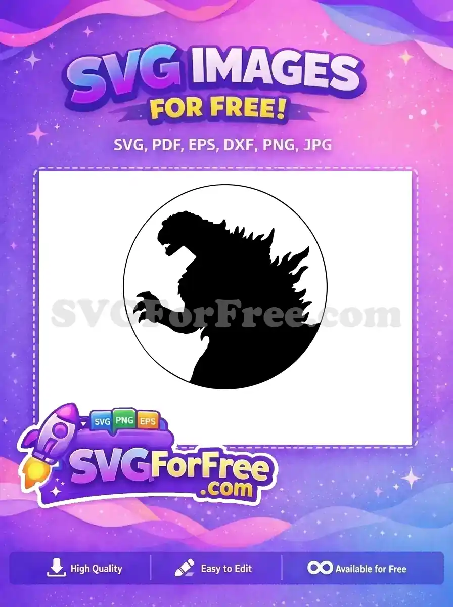 Dynamic free Godzilla silhouette in a circular frame, ideal for diverse projects. Get this iconic free monster design today!