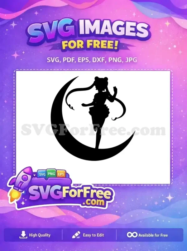 Free design of a magical girl silhouette on a crescent moon, ideal for creative projects and fan art. Get this free SVG now! 109 characters.