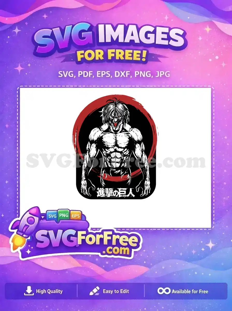 Free Attack Titan SVG featuring Eren Yeager's formidable form, red eyes blazing. This free vector art is perfect for fans.