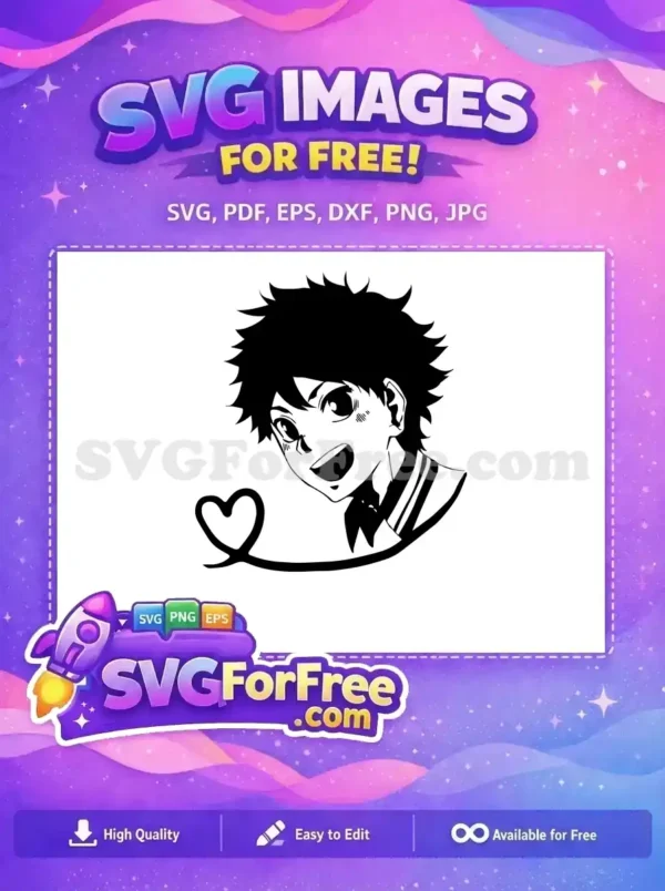 A dynamic free SVG of a cheerful anime boy with spiky hair and wide eyes, smiling brightly with a heart trail. Download this free design!