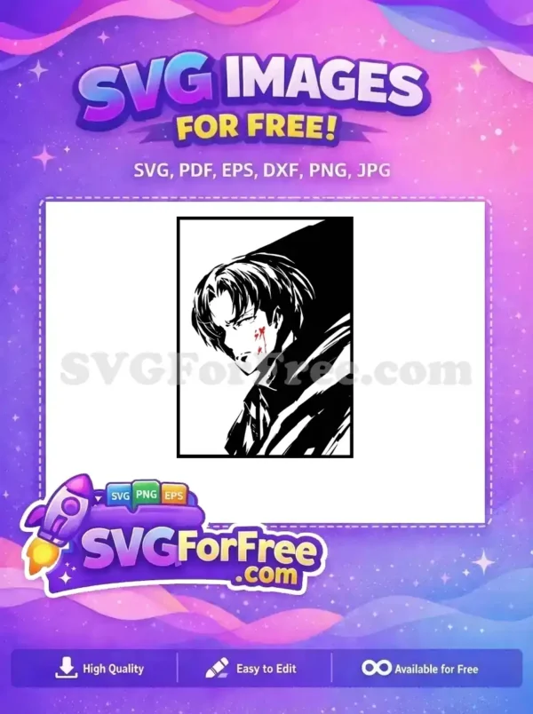 A free design featuring a dramatic, black and white anime-style male character with a red blood splatter on his cheek, ready for your free projects.
