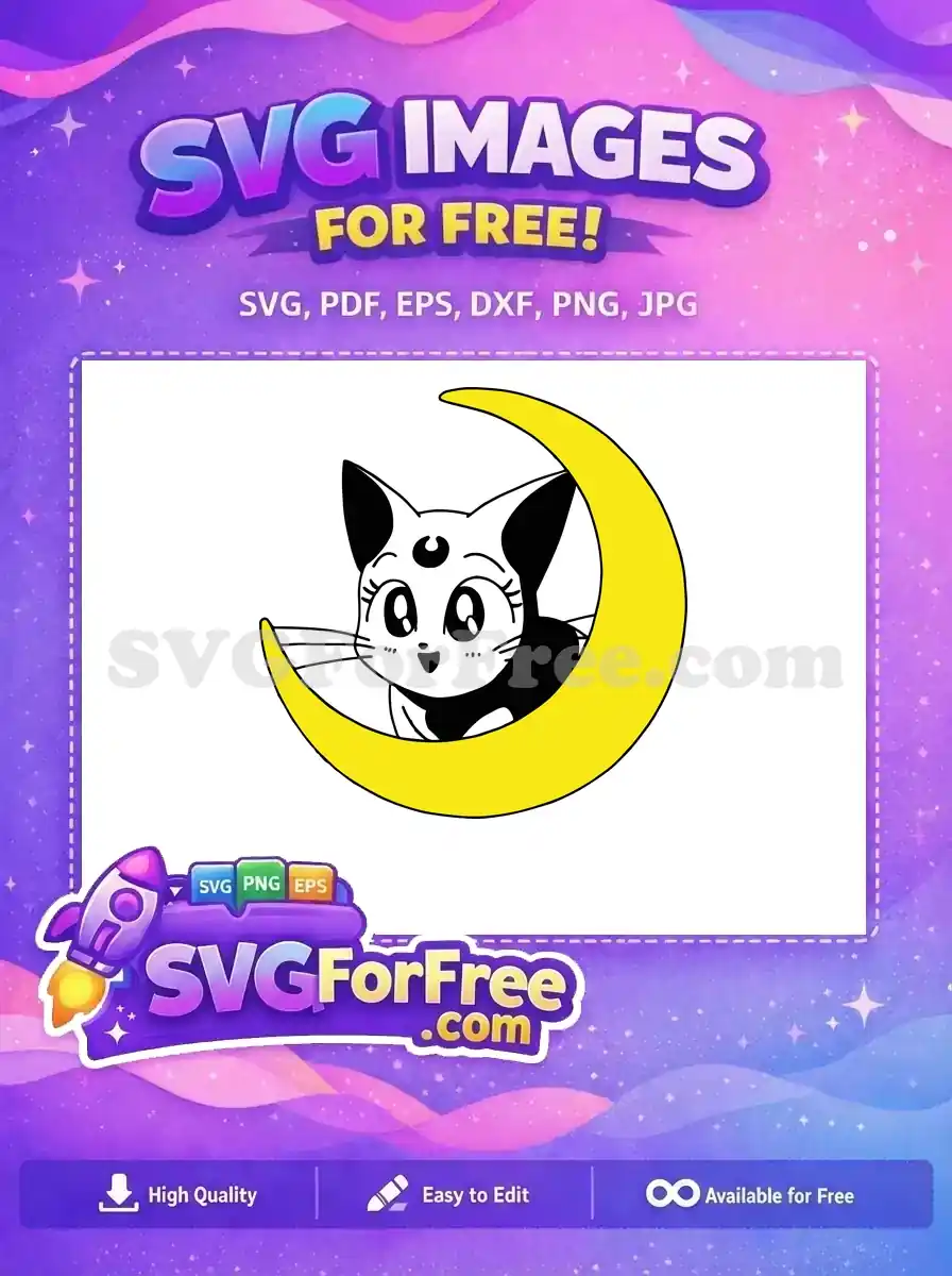 A free, charming black and white anime-style cat with a crescent moon on its forehead, peeking from a vibrant yellow crescent moon. Adorable! Get this free vector.