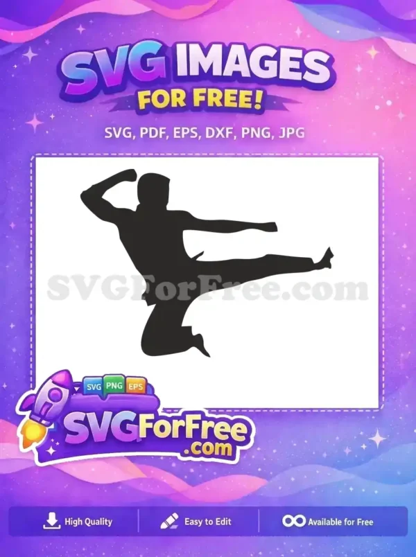 Free dynamic martial arts silhouette of a person mid-air performing a powerful flying kick. Download this free action design now.