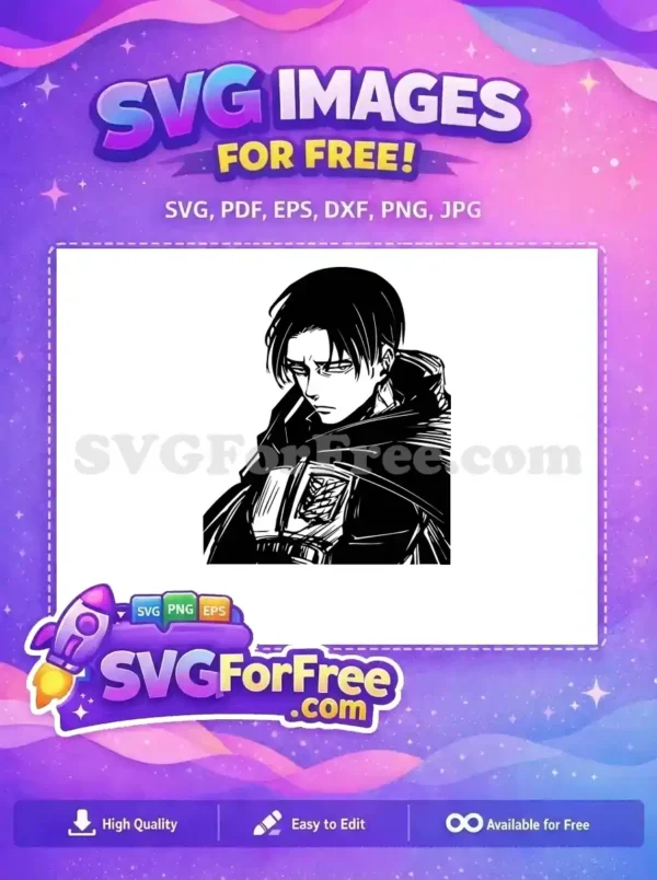 Free Levi Ackerman SVG Design – Iconic Anime Character Art Free design featuring Levi Ackerman from Attack on Titan, a solemn black and white anime SVG for fans.