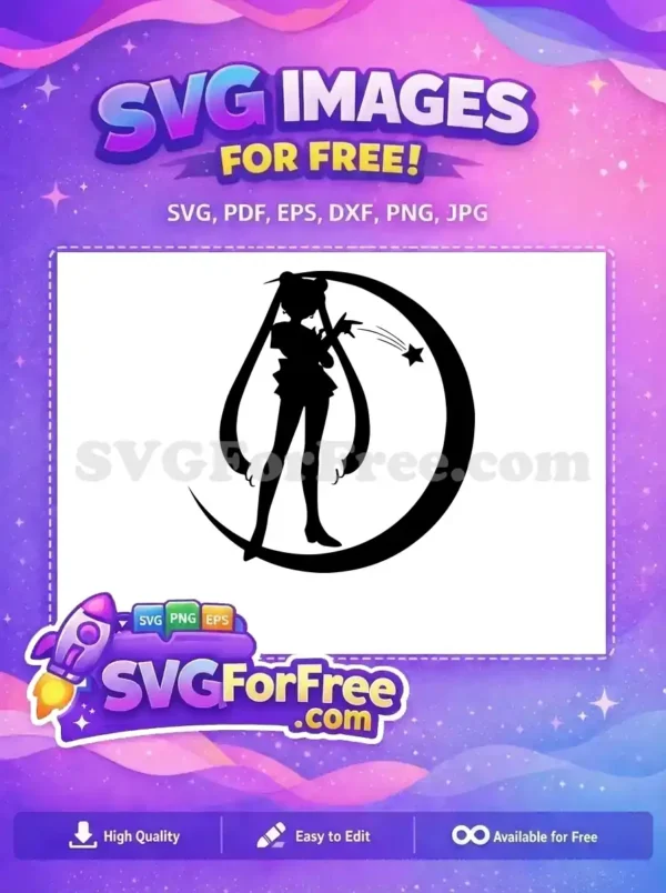 Free Sailor Moon silhouette in a dynamic pose, casting a star magic spell against a crescent moon backdrop. An iconic free vector design.