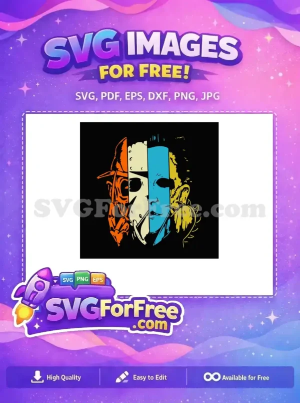 A vibrant free design showcasing a composite face of four horror legends: Freddy, Jason, Michael, and Pinhead. This free SVG is perfect for fans.