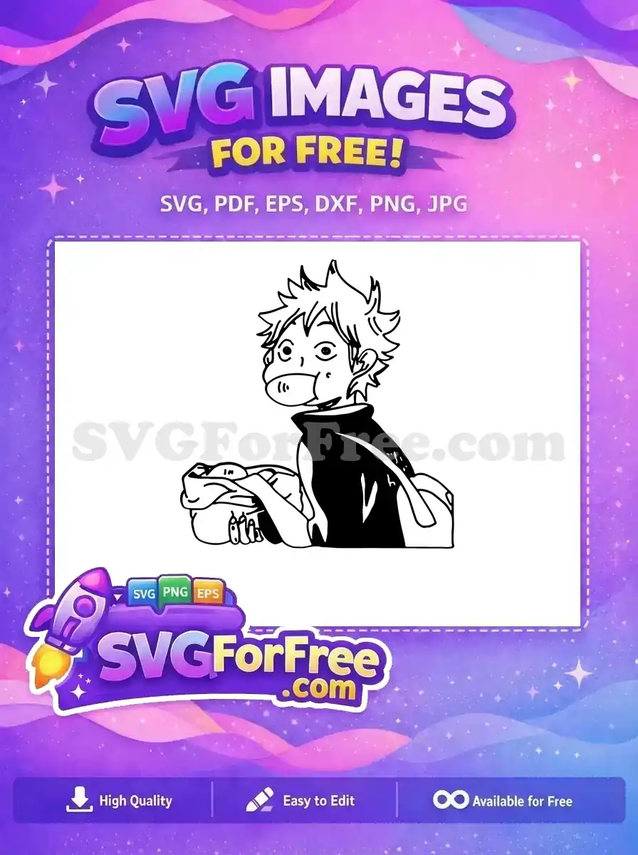 A free design featuring a spiky-haired anime boy holding a bundle, rendered in bold black outline. This free graphic is versatile for many creative projects.