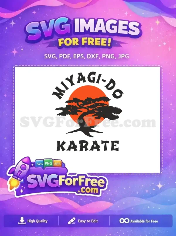 A striking Miyagi-Do Karate free logo, featuring a bonsai tree silhouette against an orange sun. This free design is iconic. (107 chars)