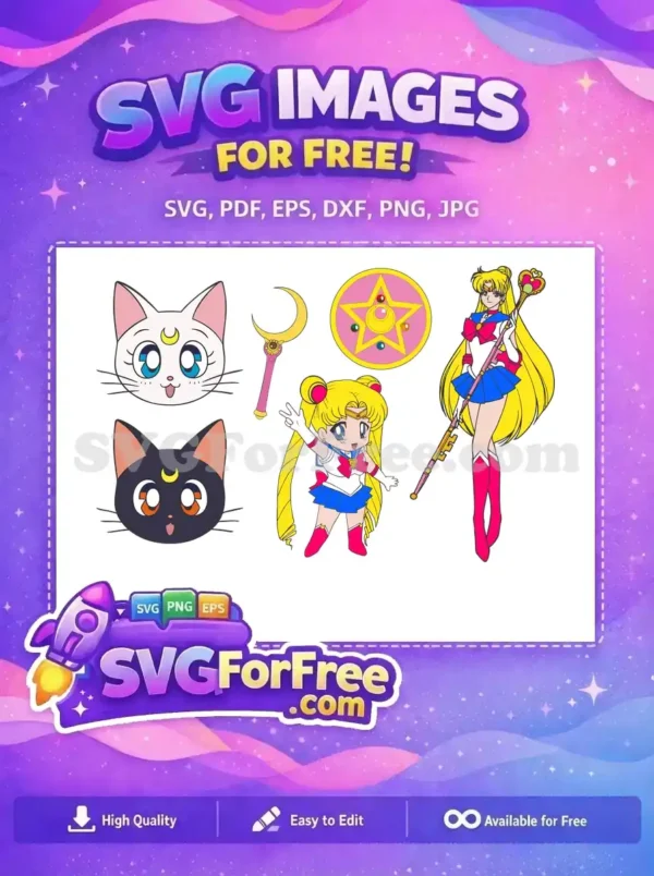 Detailed free SVG of Sailor Moon characters and items, including Luna, Artemis, wands, and two Sailor Moon poses.