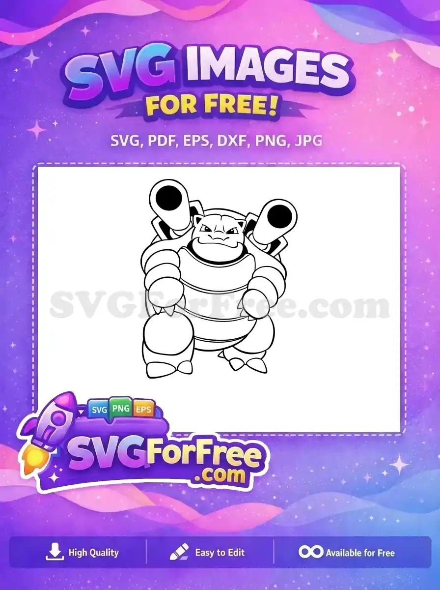 Free Blastoise SVG design featuring the water-type Pokémon with its powerful cannons. A free vector for fans to enjoy.