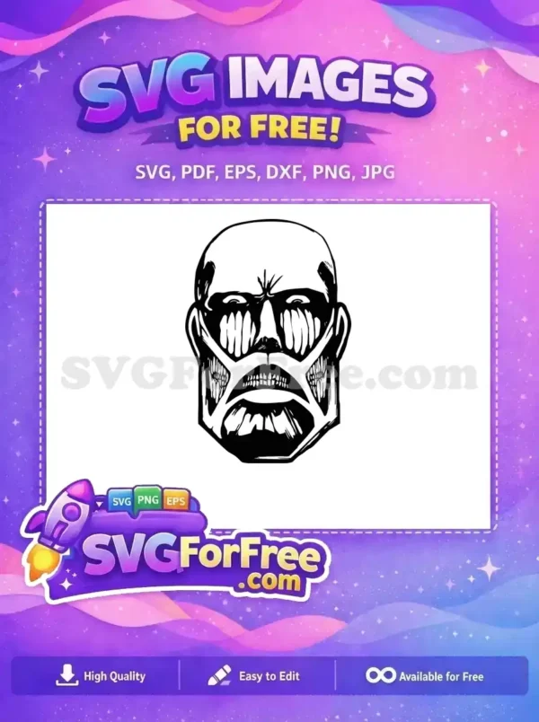 A free, high-contrast SVG of a menacing, bald, muscular face, resembling the Colossal Titan. This free design is detailed and impactful for any creative project.