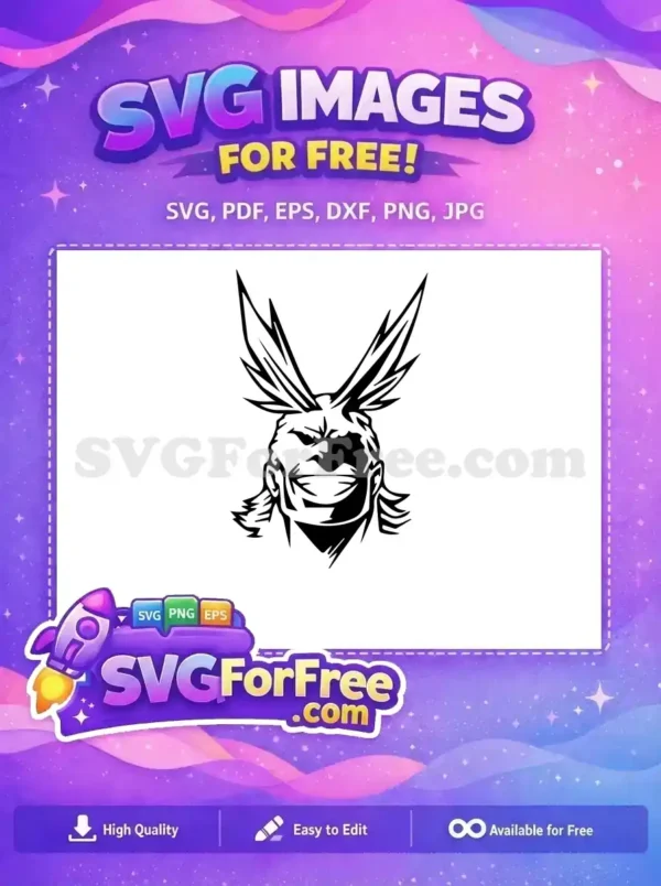 Free All Might vector design, a bold black and white depiction of the iconic hero's smiling face. Perfect free anime art.