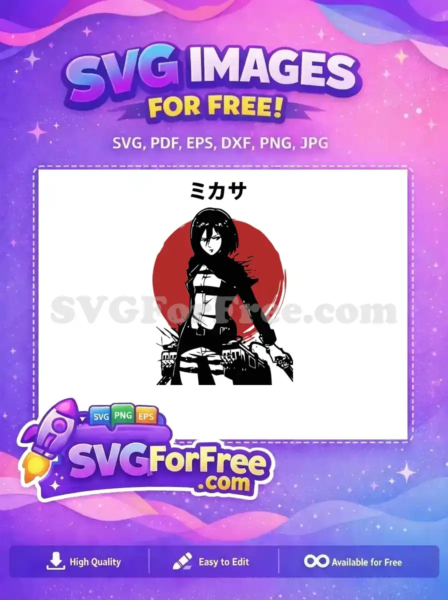 Free Mikasa Ackerman anime vector art featuring her iconic pose against a red sun. A powerful free design for fans.