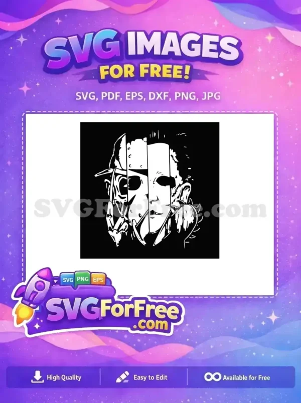 Experience this free horror icon mashup SVG, featuring Freddy, Jason, and Michael Myers. A truly free, iconic design.
