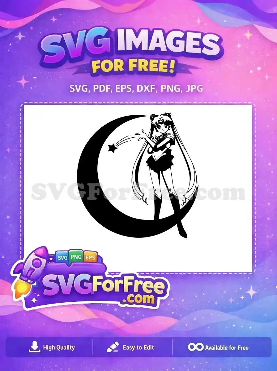 Free Sailor Moon vector design featuring the iconic heroine with a crescent moon and a shooting star, ready for crafting projects.