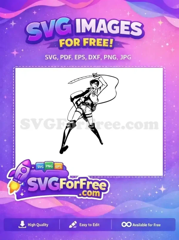 Dynamic free SVG of an anime character, likely Levi from Attack on Titan, wielding a sword in action pose. A fantastic free design for fans.