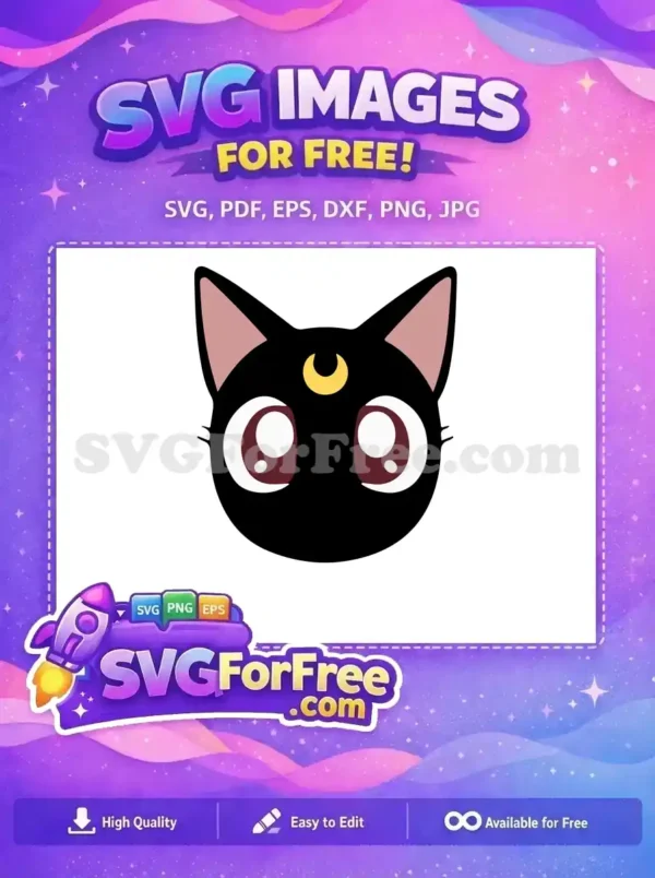 Free cute black cat head with pink ears and a golden crescent moon, ideal for anime fans. This free SVG design is perfect for crafting and digital projects.