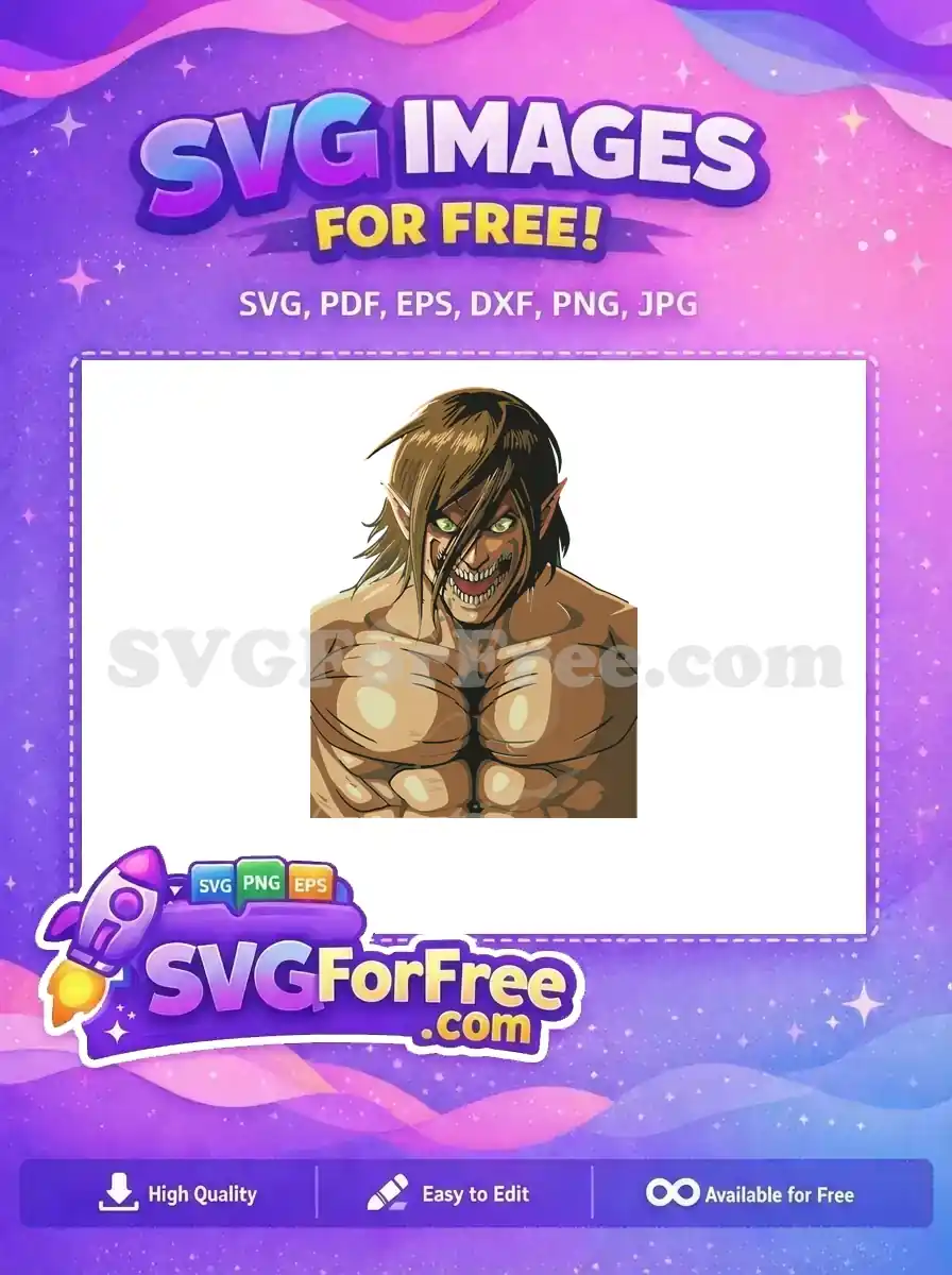Dynamic free Attack Titan SVG featuring Eren's fierce transformation, perfect for any fan project. Get this free design now!