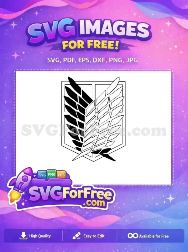 Free design of the iconic Wings of Freedom emblem, a striking symbol from a popular anime. This free SVG features a shield with contrasting black and white wings, perfect for fans.