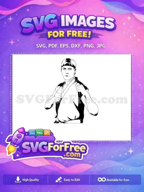 A powerful free design of a male martial artist in a gi, fists clenched, ready for action. Iconic vector art.