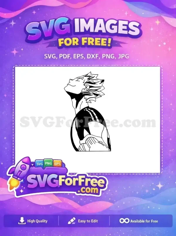 Free dynamic anime character SVG design, showcasing a confident pose and spiky hair. Perfect free vector for fans to use.