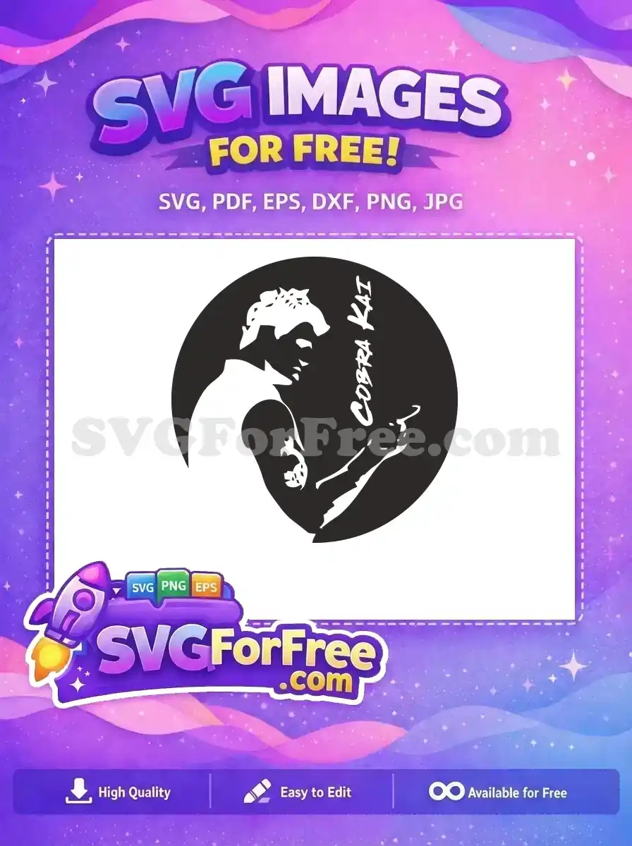 Dynamic free Cobra Kai silhouette vector, featuring Johnny Lawrence in a stylized martial arts pose within a black circle.