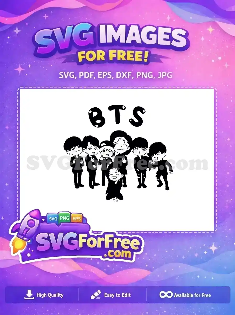 A delightful free design showcasing seven chibi-style BTS members with their bubbly logo, ready for your projects!