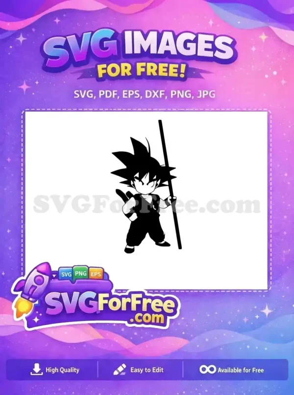 Free chibi Goku SVG, a charming silhouette design. Features the iconic character with his Power Pole and peace sign.