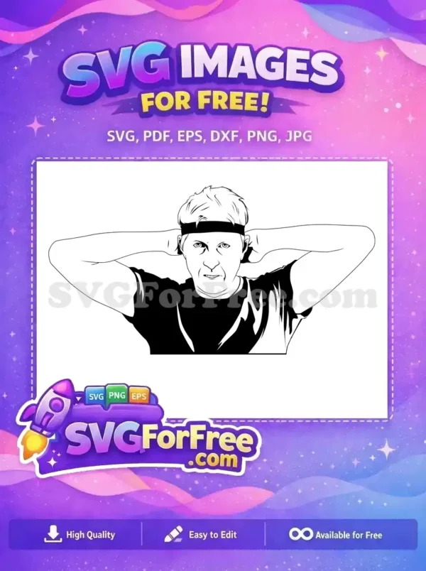 A powerful free black and white vector illustration of a determined man with a headband, hands behind his head, ready for action. Download this free design now!