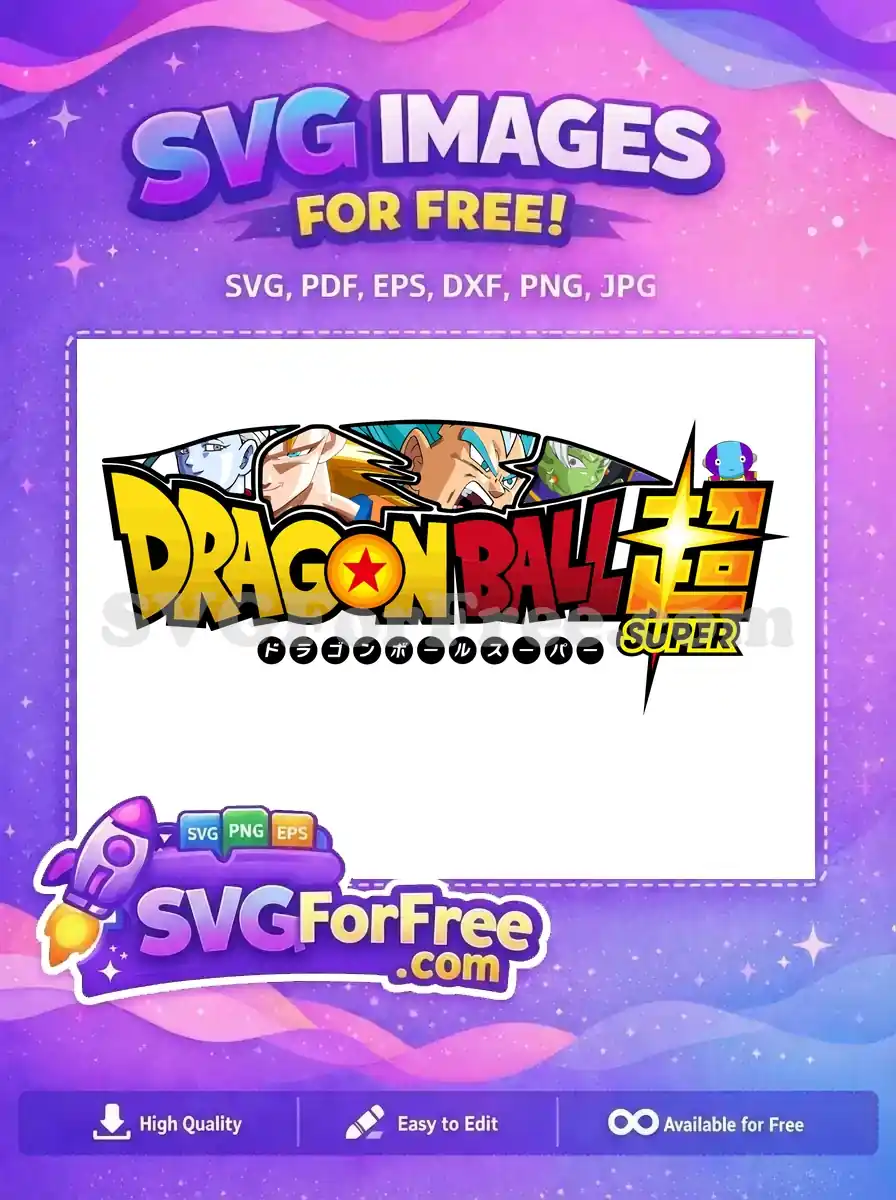 This vibrant free Dragon Ball Super logo features iconic characters like Goku, Vegeta, Whis, Zamasu, and Zeno for fans.