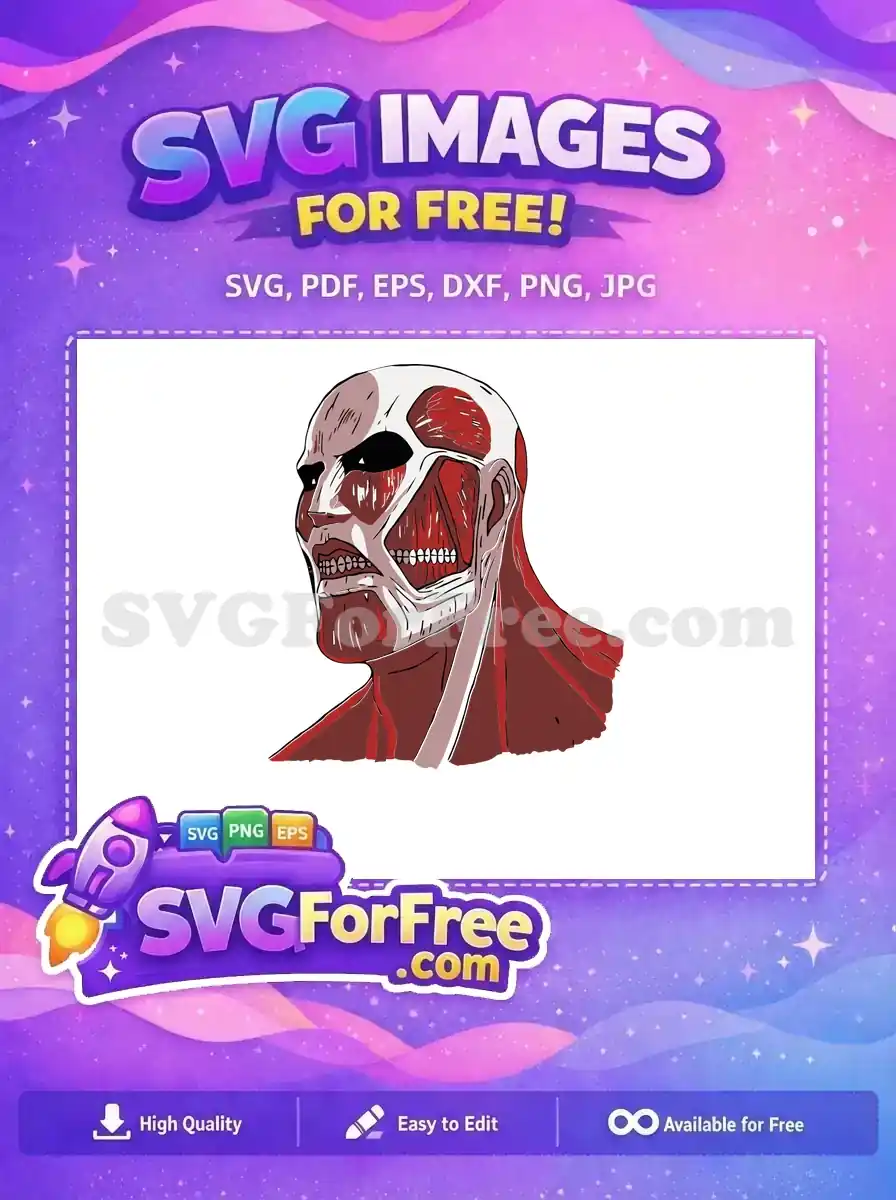 Free Colossal Titan head SVG, showcasing exposed muscles and an intense expression, ideal for fan art and craft projects.