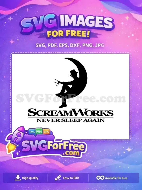 A striking free SVG features a horror icon silhouette on a crescent moon, with 'ScreamWorks NEVER SLEEP AGAIN' text. This free design is perfect for spooky projects.