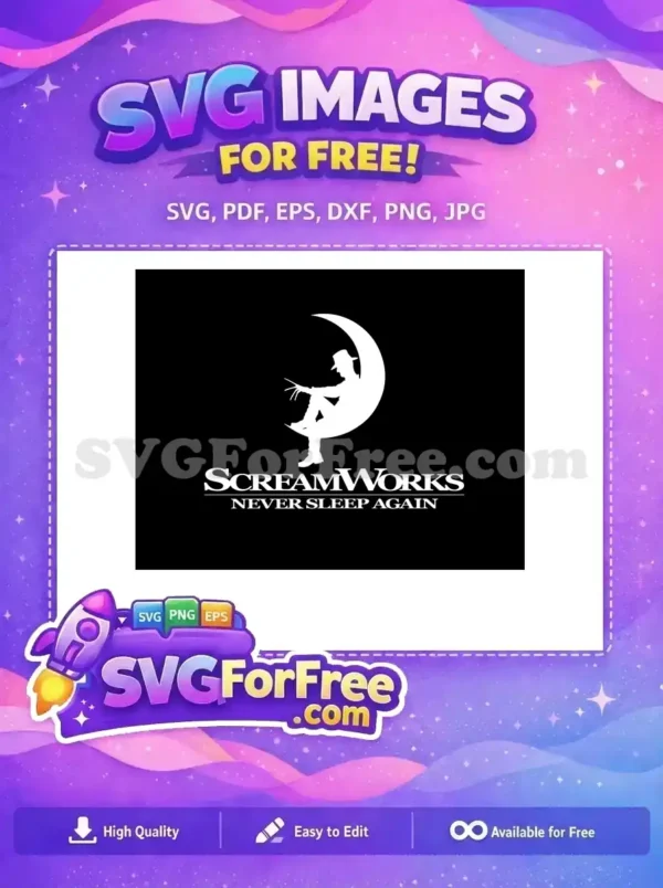 A free horror-themed SVG design, featuring a silhouette of Freddy Krueger on a crescent moon with "ScreamWorks" text.