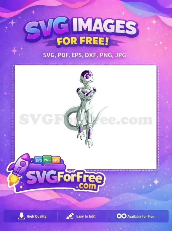 Free Frieza SVG Design: Iconic Villain Vector Art A striking free Frieza SVG design, featuring the powerful Dragon Ball villain with arms crossed, ready for download.