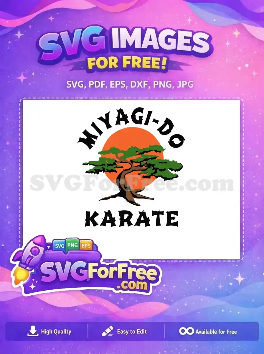Free Miyagi-Do Karate logo featuring a wise bonsai tree against an orange sun, with bold text. A classic free design.