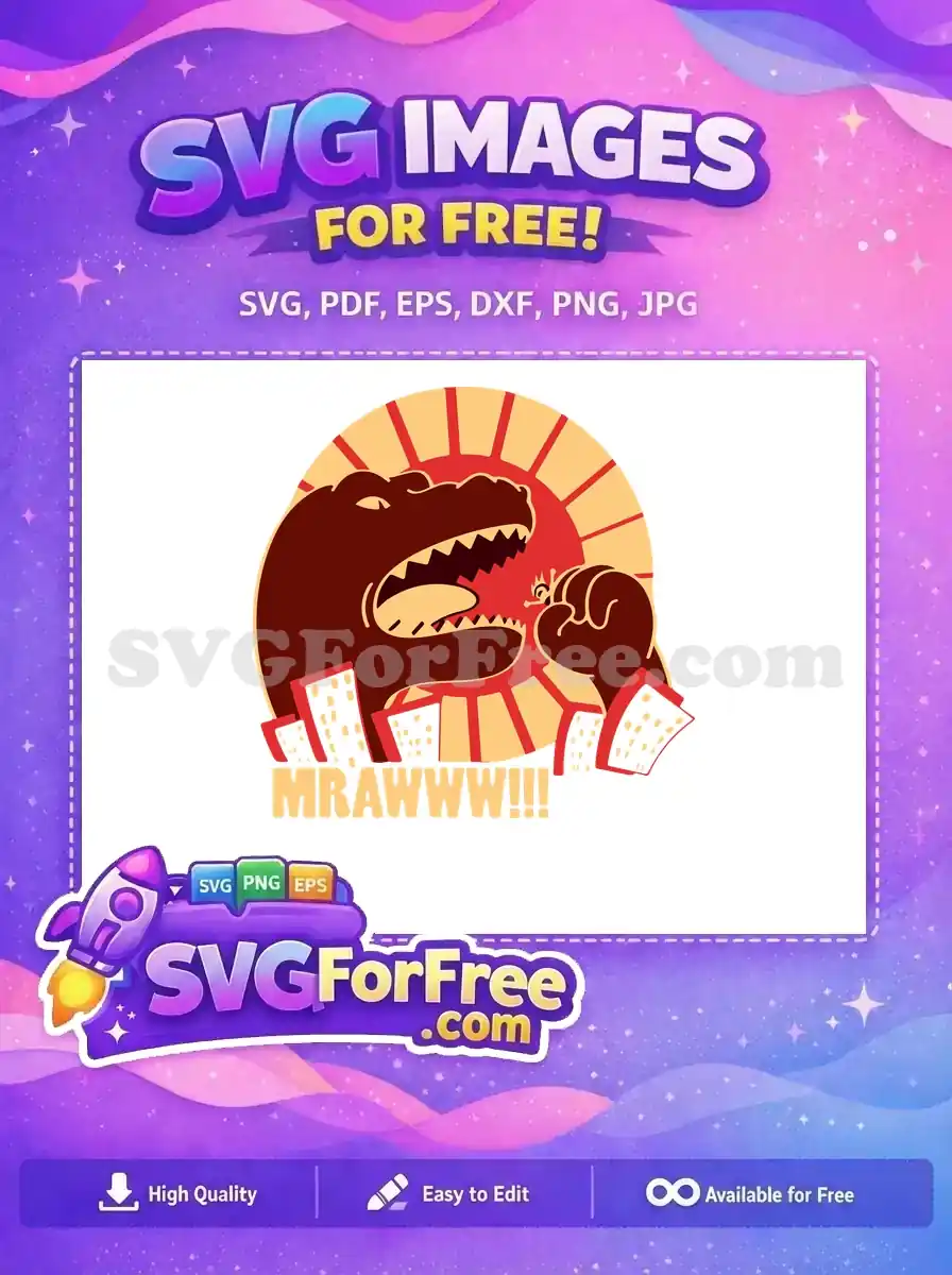 A dynamic free SVG design featuring a roaring T-Rex attacking a city, set against a vibrant sunburst background. Perfect for bold projects.