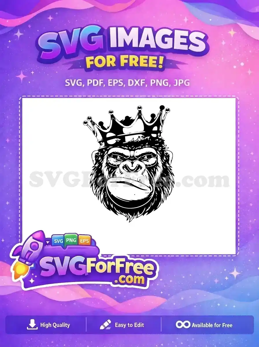A fierce gorilla king wearing a crown, a free SVG design perfect for bold statements and creative projects.