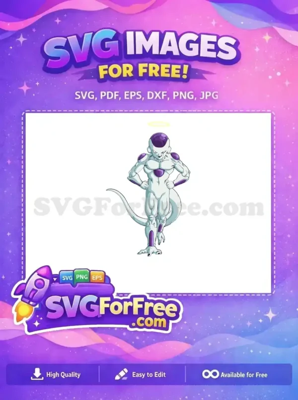 Free Frieza (halo) SVG design, standing confidently with hands on hips. A high-quality free vector for all fans.
