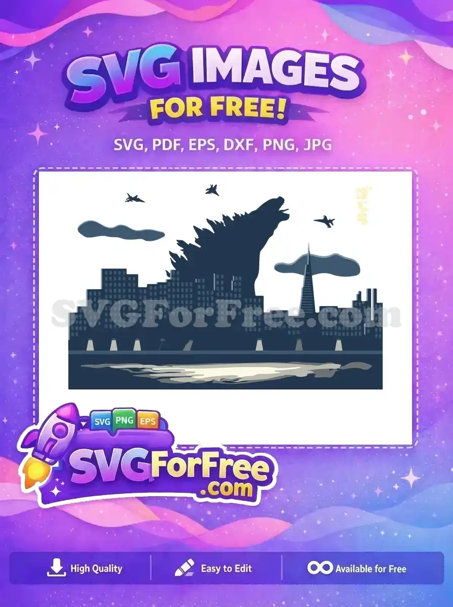 A free Godzilla silhouette roars over a dark city skyline with fighter jets, capturing an iconic monster movie scene.