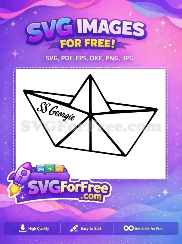 Free SS Georgie Paper Boat SVG – Your Next Free Craft Design! A free SVG outline of a classic paper boat labeled 'SS Georgie', ideal for various personal and commercial free creative projects.