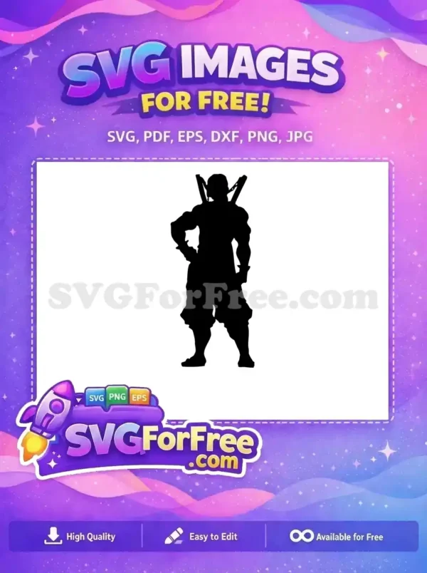 A striking free SVG silhouette of a muscular warrior with two katanas on his back and hand on hip, ready for action. Free for your designs!