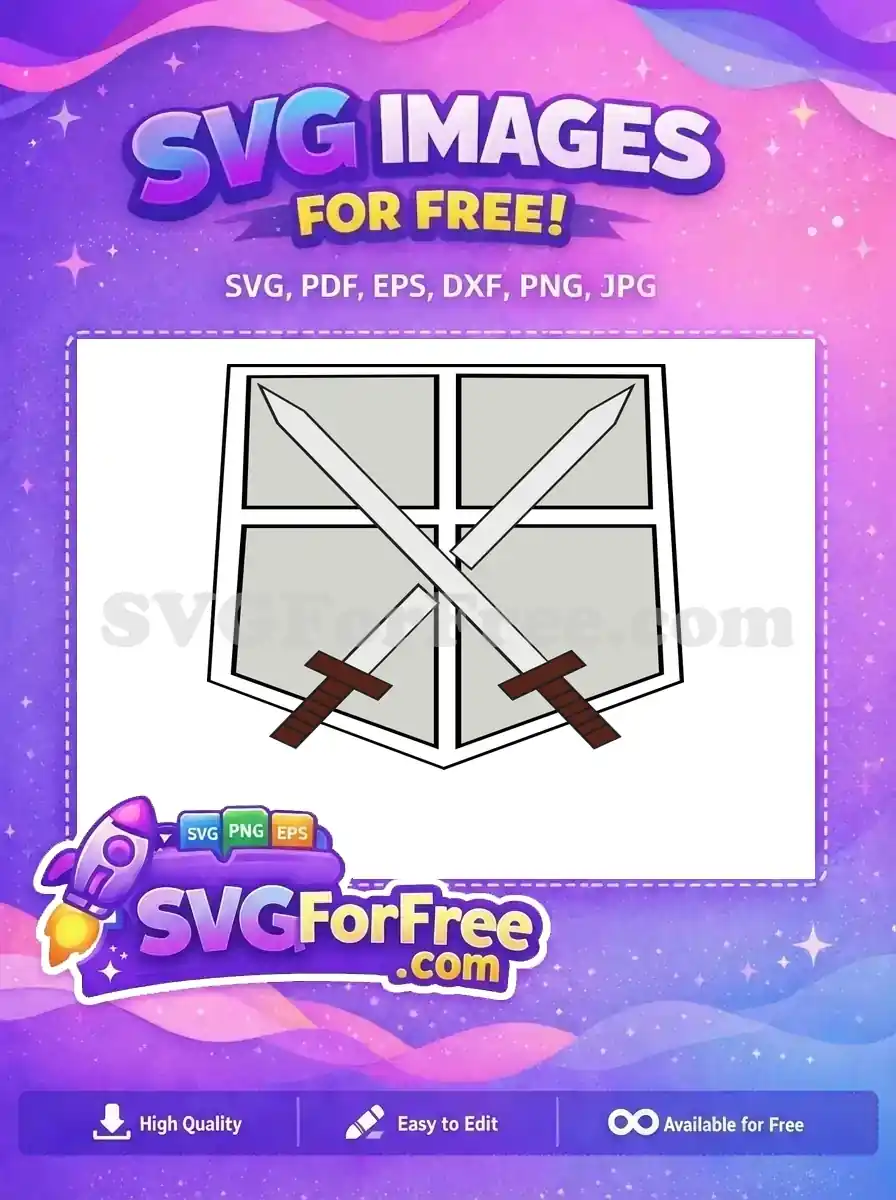 A free design of the iconic Survey Corps emblem from Attack on Titan, featuring crossed swords on a shield. Download this free SVG!